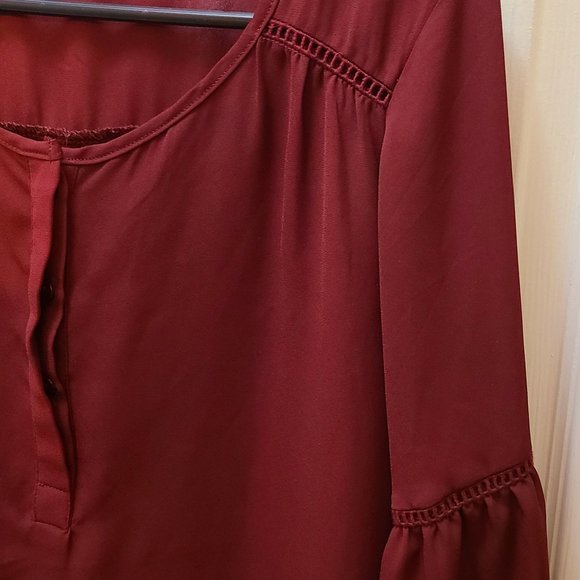 Pink Rose Maroon Sheer Flowy Long Sleeve Blouse Top Size Large - Picture 4 of 7